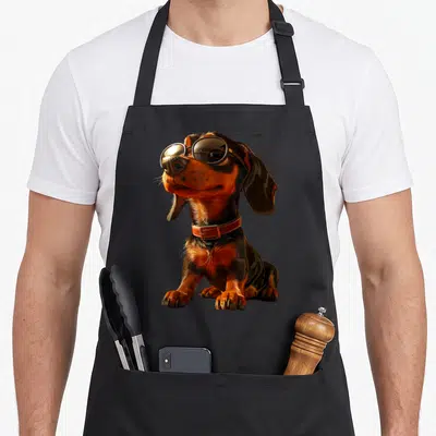 Tablier de cuisine noir avec illustration d'un teckel portant des lunettes de soleil rondes et un collier marron.