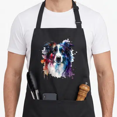 Tablier de cuisine noir avec portrait artistique d'un Border Collie aux couleurs vives et éclaboussures.
