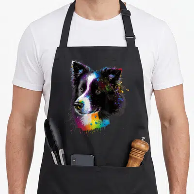 Tablier de cuisine noir avec portrait artistique d'un Border Collie aux couleurs vives et éclats de peinture multicolores.