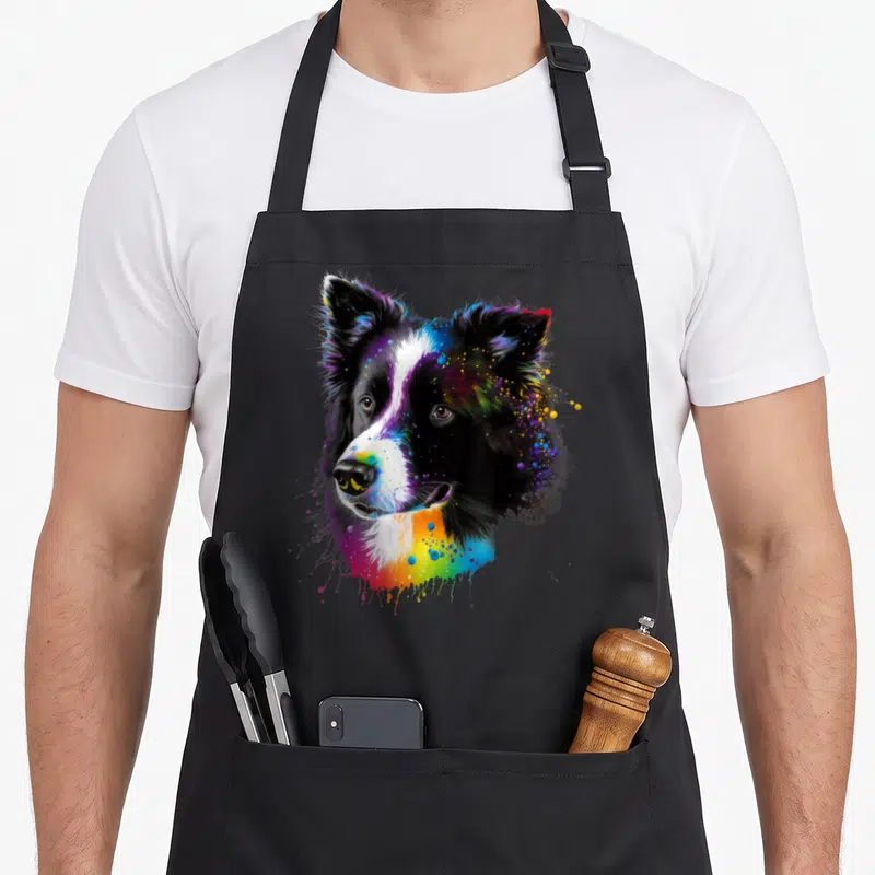 Tablier de cuisine noir avec portrait artistique d'un Border Collie aux couleurs vives et éclats de peinture multicolores.