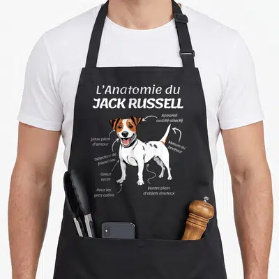 Tablier de cuisine noir avec illustration anatomique humoristique d'un Jack Russell Terrier et ses étiquettes fonctionnelles.