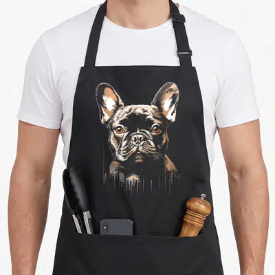 Tablier de cuisine noir avec illustration détaillée du visage d'un bouledogue français aux oreilles dressées et regard intense.
