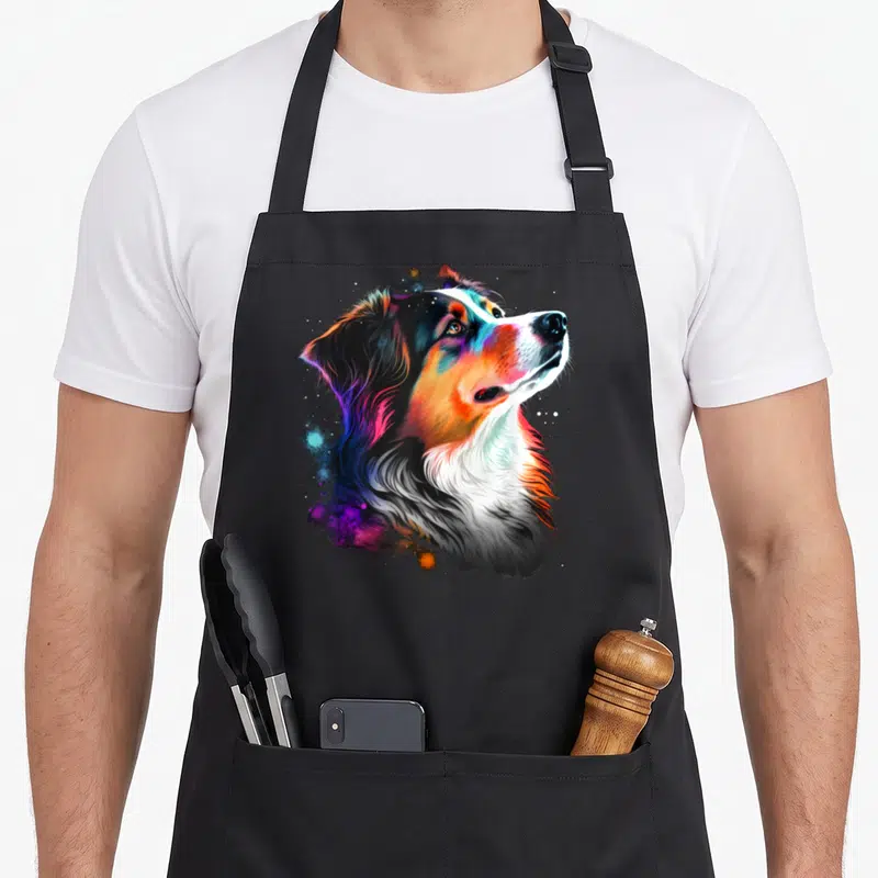 Tablier de cuisine noir avec portrait artistique multicolore d'un chien berger australien regardant vers le haut