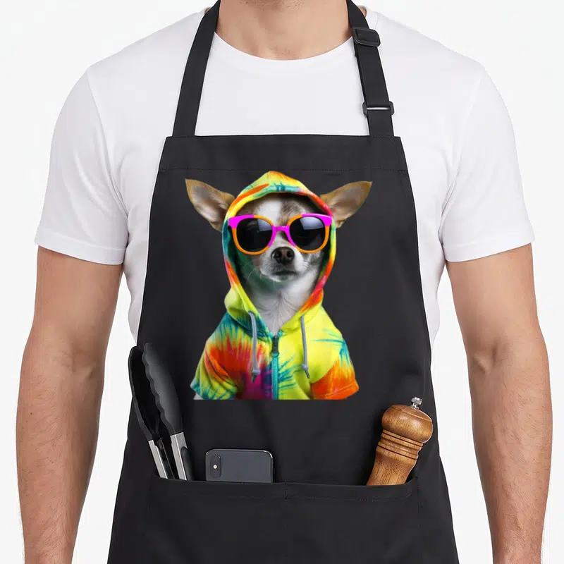 Tablier de cuisine noir avec illustration d'un Chihuahua en pull tie-dye et lunettes de soleil roses.