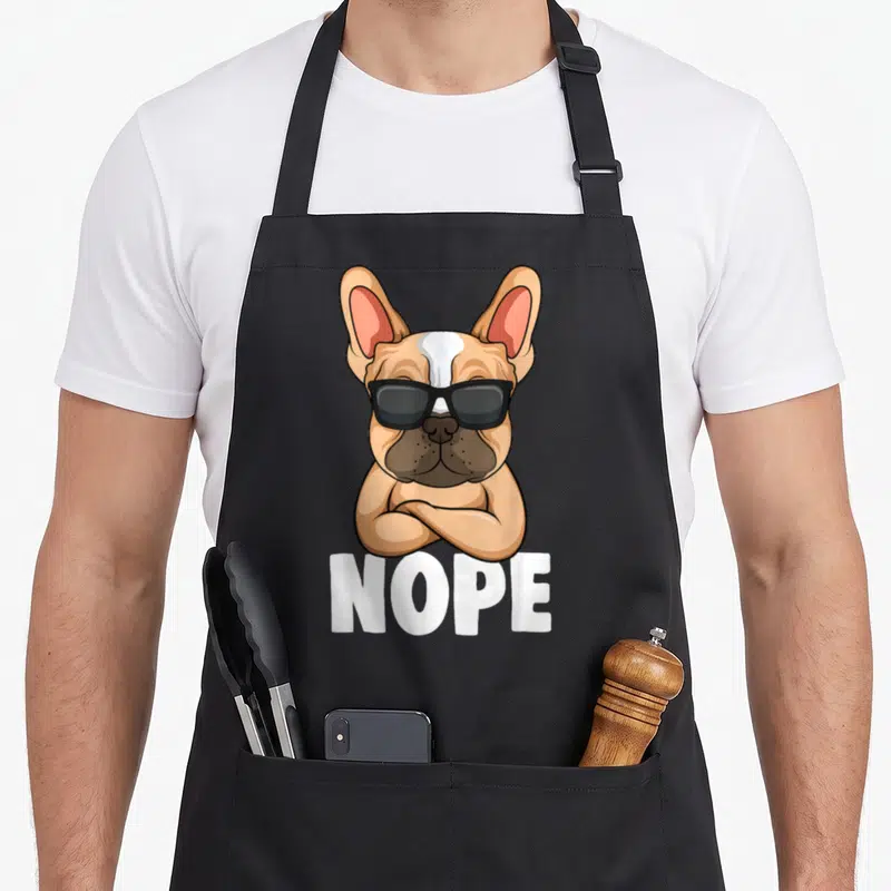 Tablier de cuisine noir avec illustration d'un bouledogue français en lunettes noires et le texte NOPE en blanc.