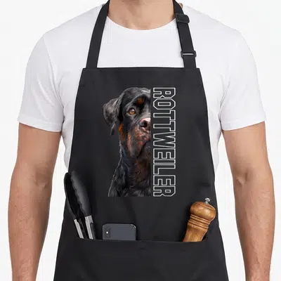 Tablier de cuisine noir avec portrait réaliste de chien Rottweiler et texte vertical ROTTWEILER en blanc.
