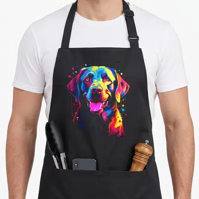 Tablier de cuisine noir avec portrait artistique multicolore d'un chien Labrador souriant