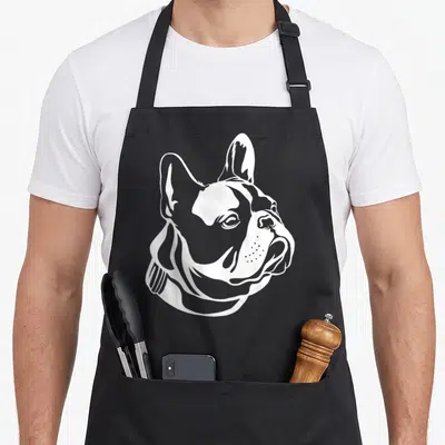 Tablier de cuisine noir avec portrait stylisé en blanc d'un bouledogue français de profil