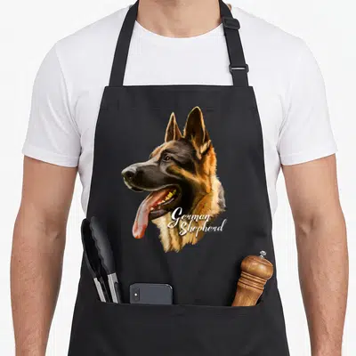 Tablier de cuisine noir avec tête de chien Berger Allemand vue de profil et texte German Shepherd en blanc.