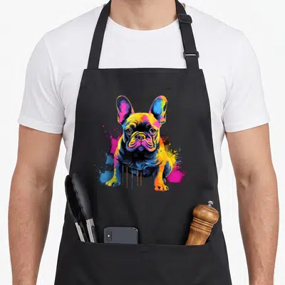 Tablier de cuisine noir avec illustration d'un bouledogue français aux couleurs vives et effet éclaboussure.