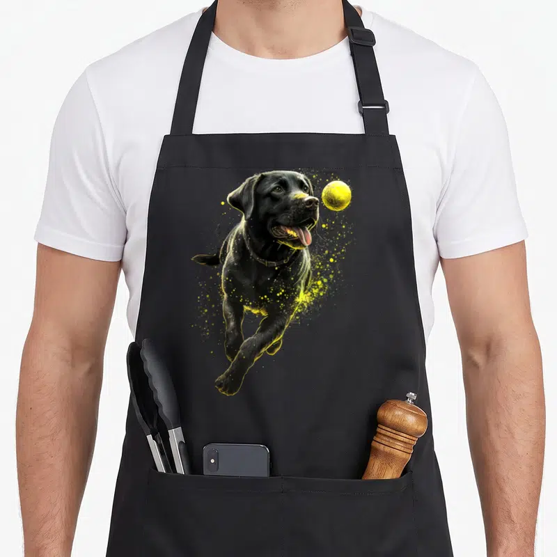 Tablier de cuisine noir avec illustration d'un Labrador Retriever noir courant vers une balle jaune entouré d'éclats artistiques.