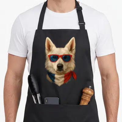 Tablier de cuisine noir avec illustration d'un chien Berger Blanc Suisse portant des lunettes rouges et un bandana aux couleurs du drapeau français.