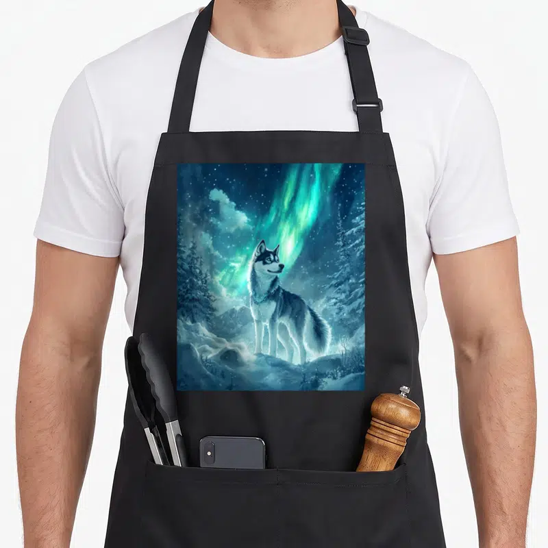 Tablier de cuisine noir avec illustration d'un husky dans un paysage hivernal sous des aurores boréales vertes.