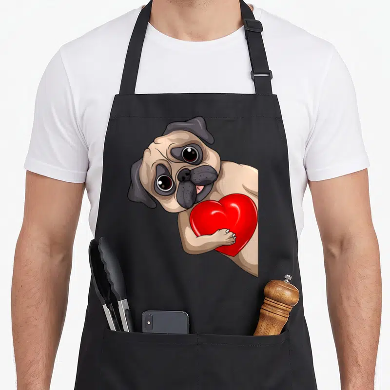 Tablier de cuisine noir avec illustration d'un pug tenant un cœur rouge brillant.