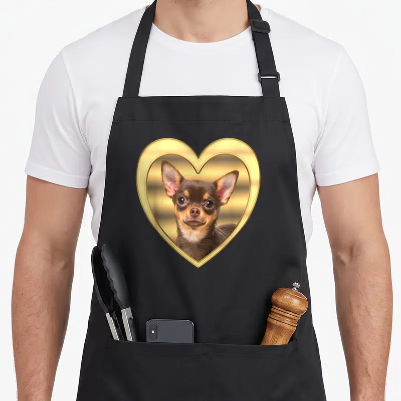 Tablier de cuisine noir avec un chihuahua photographié encadré par un grand cœur doré brillant sur le devant.