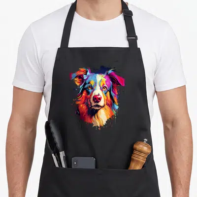 Tablier de cuisine noir avec portrait artistique d'un chien Berger australien aux couleurs vibrantes et style éclaboussure.