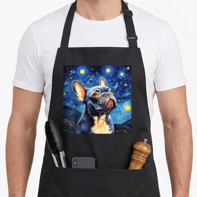 Tablier de cuisine noir avec illustration d'un bouledogue français sous un ciel nocturne aux étoiles jaunes et bleues.