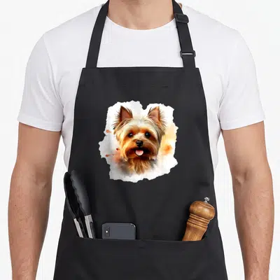 Tablier de cuisine noir avec portrait aquarelle d'un Yorkshire Terrier souriant aux yeux brillants.