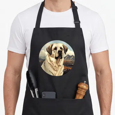 Tablier de cuisine noir avec illustration circulaire d'un Berger anatolien Kangal devant des montagnes.