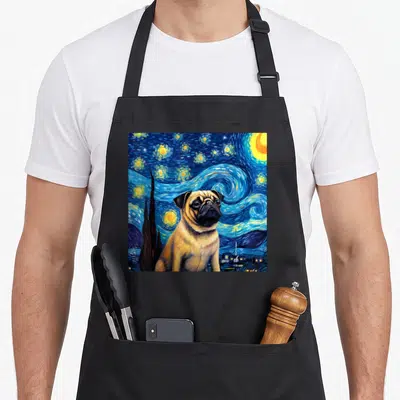 Tablier de cuisine noir avec illustration d'un pug sous un ciel tourbillonnant style Van Gogh