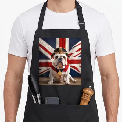 Tablier de cuisine noir avec illustration d'un bouledogue blanc en casque militaire devant le drapeau britannique.