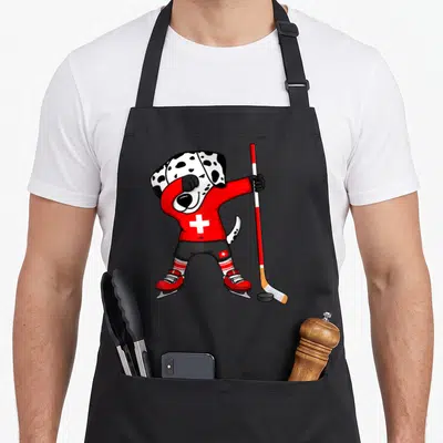 Tablier de cuisine noir avec un Dalmatien en maillot rouge suisse faisant un dab avec une crosse de hockey.