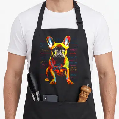 Tablier de cuisine noir avec illustration colorée d'un Bouledogue français entouré de textes artistiques multicolores.