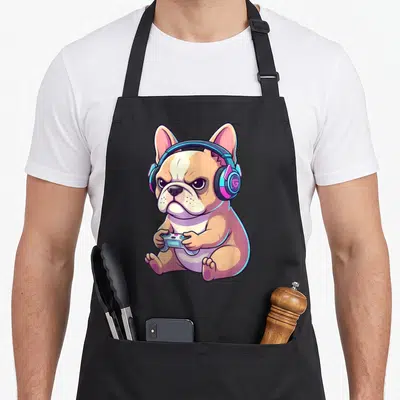 Tablier de cuisine noir avec illustration d'un Bouledogue français joueur amusant portant des écouteurs et tenant une manette.