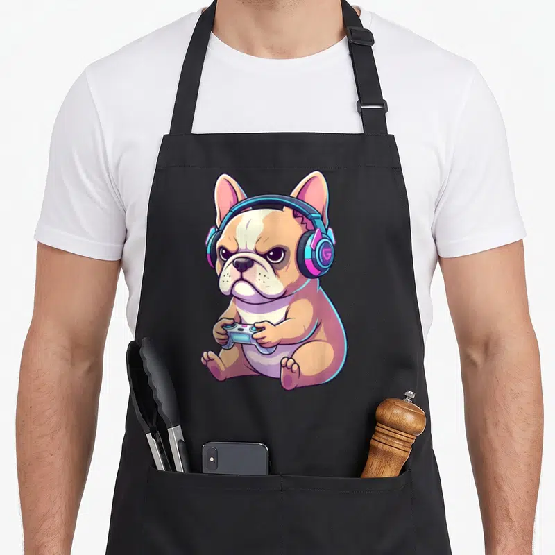 Tablier de cuisine noir avec illustration d'un Bouledogue français joueur amusant portant des écouteurs et tenant une manette.
