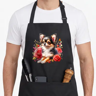 Tablier de cuisine noir avec un chihuahua aquarelle entouré de roses roses et d'un papillon orange.