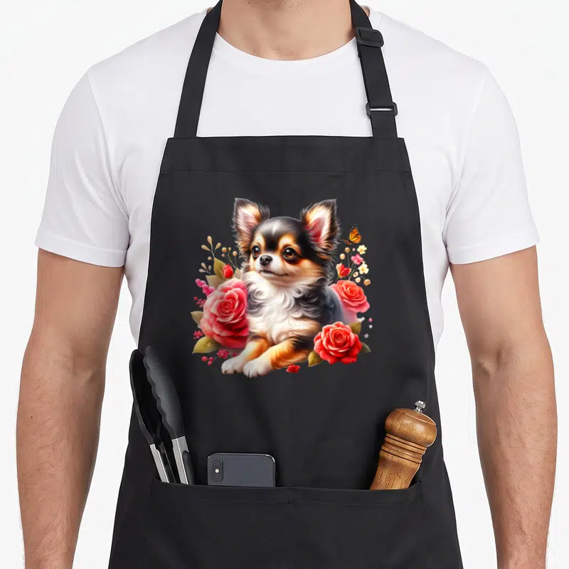 Tablier de cuisine noir avec un chihuahua aquarelle entouré de roses roses et d'un papillon orange.