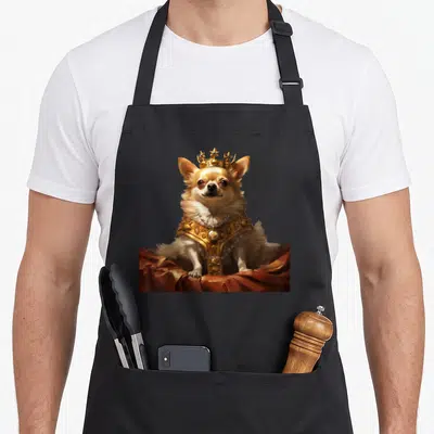 Tablier de cuisine noir avec un Chihuahua portant une couronne dorée et une tenue royale sur fond rouge.