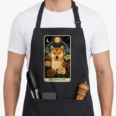 Tablier de cuisine noir avec illustration style tarot représentant un chien Shiba Inu au milieu de roses et de symboles célestes.