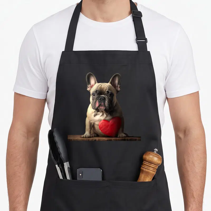 Tablier de cuisine noir avec illustration réaliste d'un bouledogue français tenant un cœur rouge sur une surface en bois.