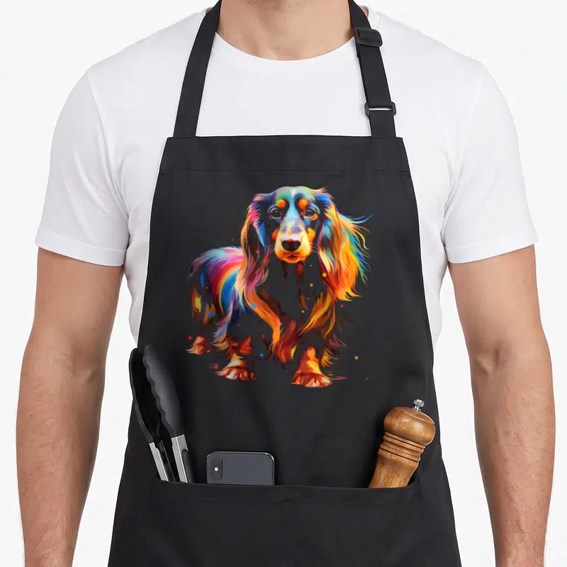 Tablier de cuisine noir avec illustration artistique d'un teckel aux couleurs vives et aux longs poils ondulés.