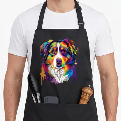 Tablier de cuisine noir avec portrait coloré d'un chien Berger australien en style Pop Art Tie Dye tricolore