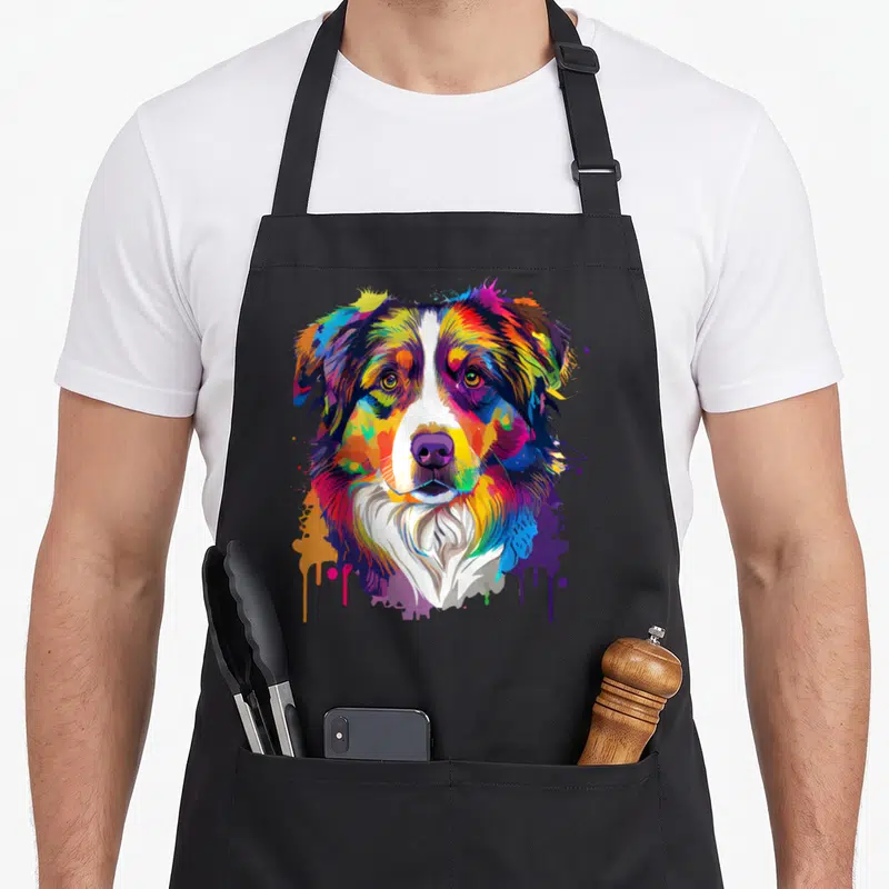 Tablier de cuisine noir avec portrait coloré d'un chien Berger australien en style Pop Art Tie Dye tricolore