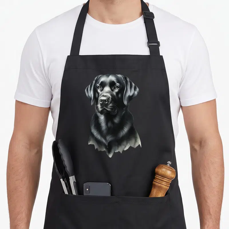 Tablier de cuisine noir avec un portrait réaliste et détaillé d'un chien Labrador noir au regard doux.