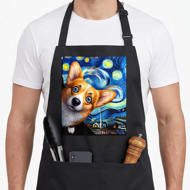Tablier de cuisine noir avec un Corgi aux yeux bleus sur fond de ciel tourbillonnant bleu et jaune imitant Van Gogh.