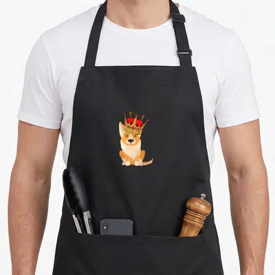 Tablier de cuisine noir avec illustration d'un corgi assis portant une couronne royale rouge et dorée ornée de gemmes.