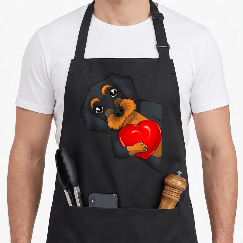 Tablier de cuisine noir avec illustration d'un teckel à poil dur noir et fauve tenant un cœur rouge brillant dans ses pattes.