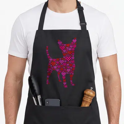 Tablier de cuisine noir avec silhouette de Chihuahua composée de cœurs roses et rouges à motifs géométriques.