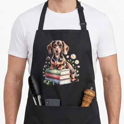 Tablier de cuisine noir avec un Dachshund assis sur une pile de livres colorés entouré de marguerites et de petites fleurs roses.