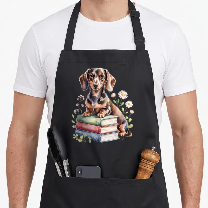 Tablier de cuisine noir avec un Dachshund assis sur une pile de livres colorés entouré de marguerites et de petites fleurs roses.