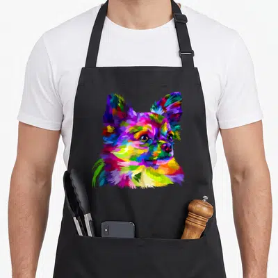 Tablier de cuisine noir avec portrait Pop Art multicolore d'un Chihuahua à poils longs aux teintes vives.