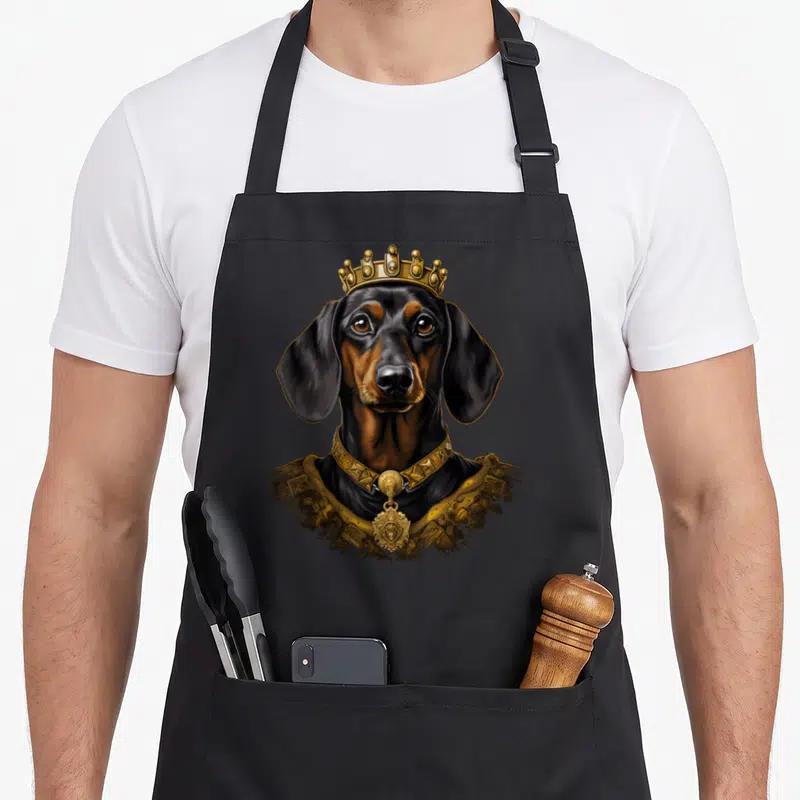 Tablier de cuisine noir avec illustration d'un teckel en portrait royal, coiffé d'une couronne dorée ornée de médailles.