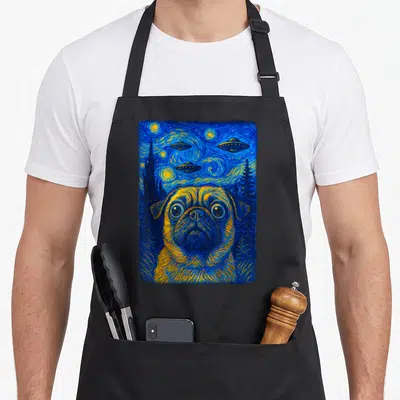 Tablier de cuisine noir avec illustration d'un pug aux grands yeux sous un ciel bleu swirlé parsemé de trois vaisseaux spatiaux jaunes et bleus.