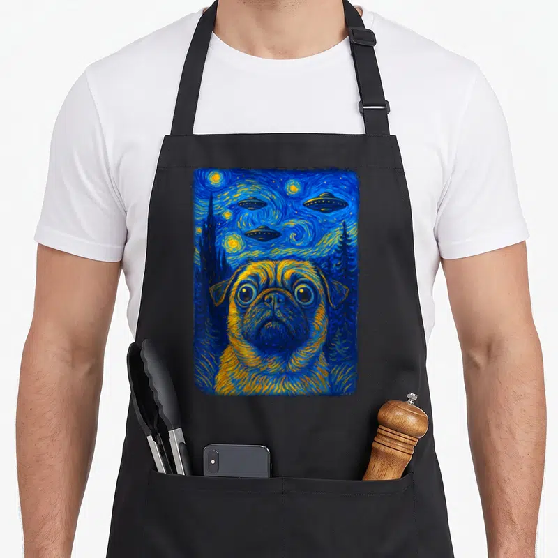 Tablier de cuisine noir avec illustration d'un pug aux grands yeux sous un ciel bleu swirlé parsemé de trois vaisseaux spatiaux jaunes et bleus.