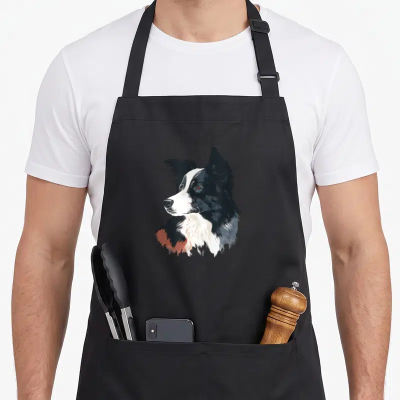 Tablier de cuisine noir avec portrait latéral d'un Border Collie aux yeux bruns et au pelage noir blanc fauve.
