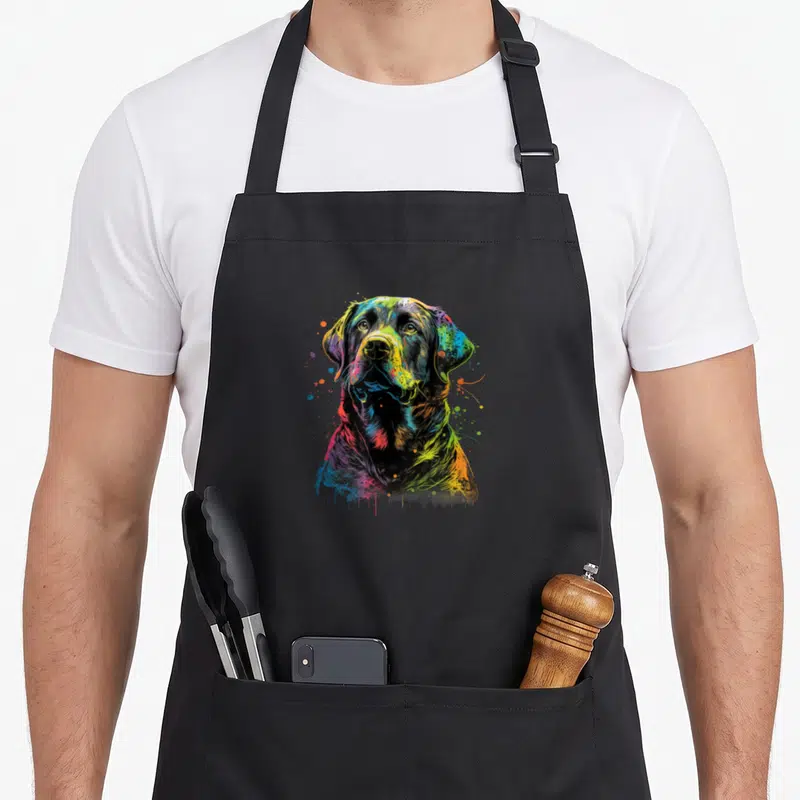 Tablier de cuisine noir avec portrait artistique multicolore d'un chien Labrador Retriever au style éclaboussure.